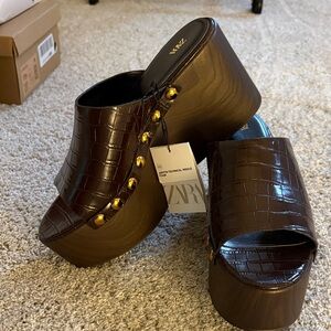 Zara Chocolate Croc-Embossed Platform Mules